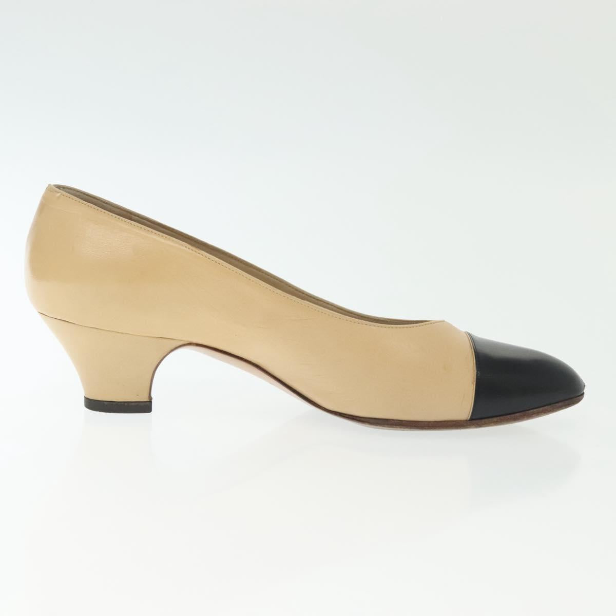 CHANEL Pumps High heels Leather Beige CC Auth ti3387