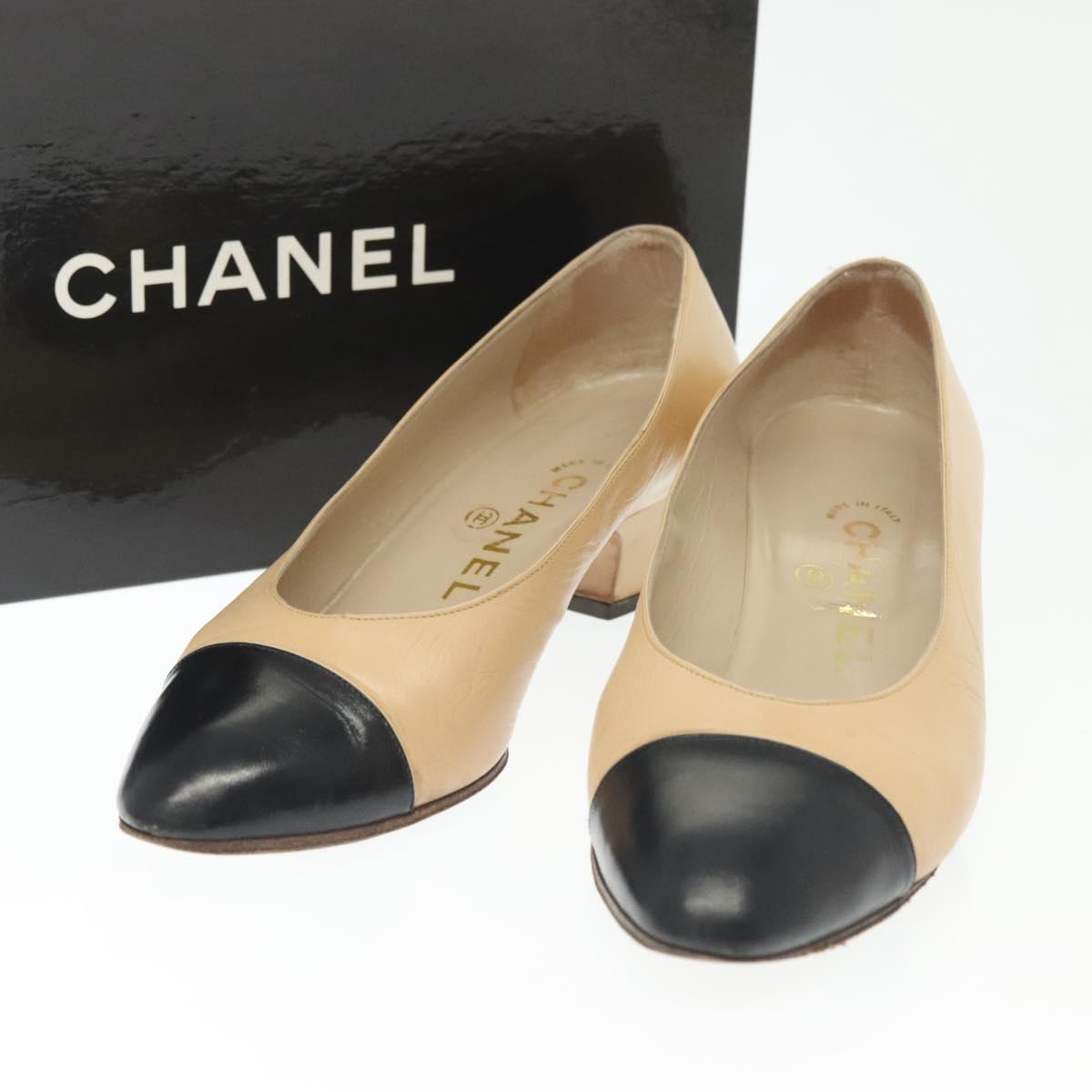 CHANEL Pumps High heels Leather Beige CC Auth ti3387