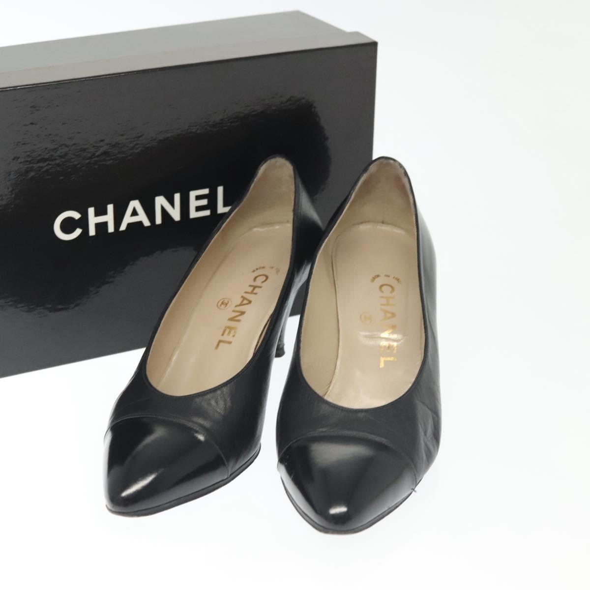 CHANEL pumps High heels Leather 35 1/2 Black CC Auth ti3388