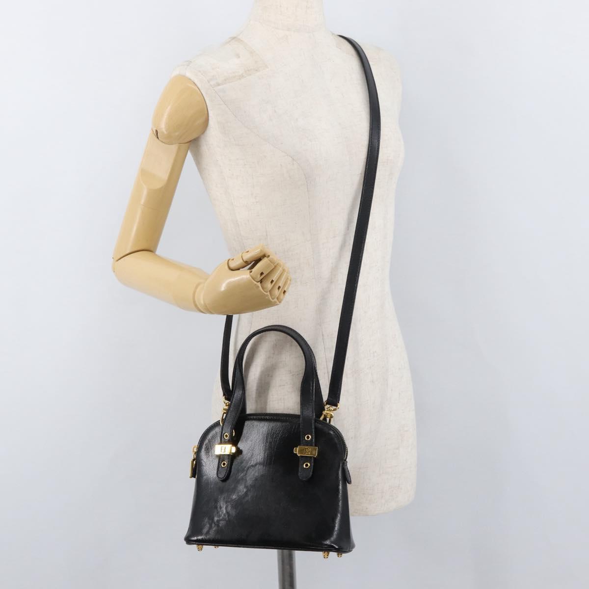 FENDI Hand Bag Patent leather 2way Black Gold Auth ti3390