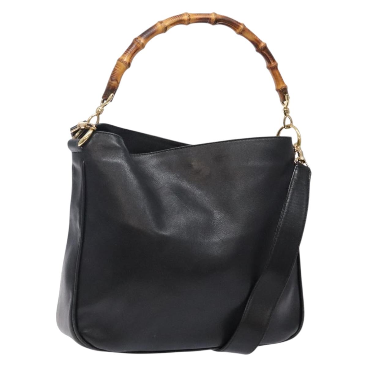 GUCCI Bamboo Hand Bag Leather 2way Black Gold 001 1705 1638 Auth ti3391