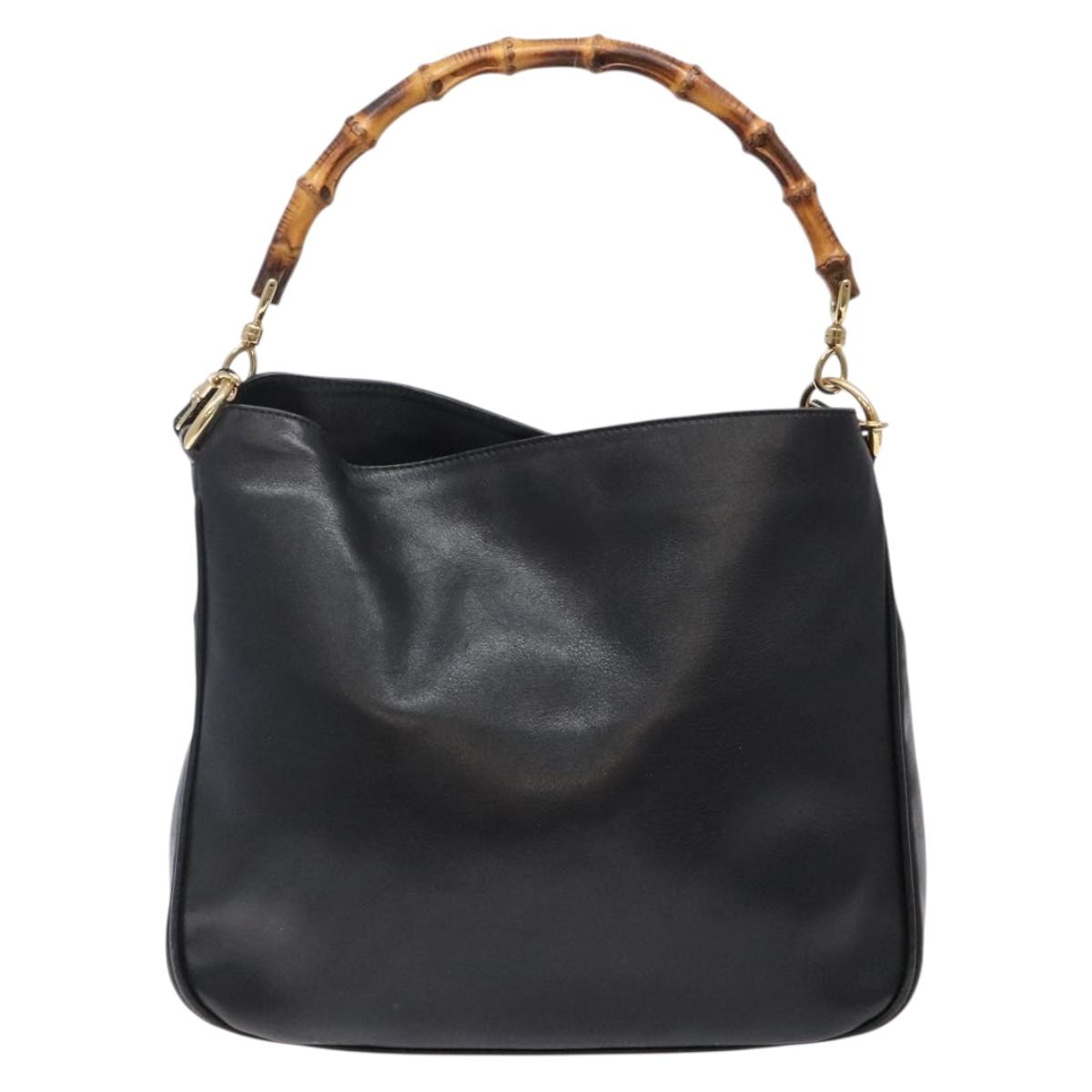 GUCCI Bamboo Hand Bag Leather 2way Black Gold 001 1705 1638 Auth ti3391
