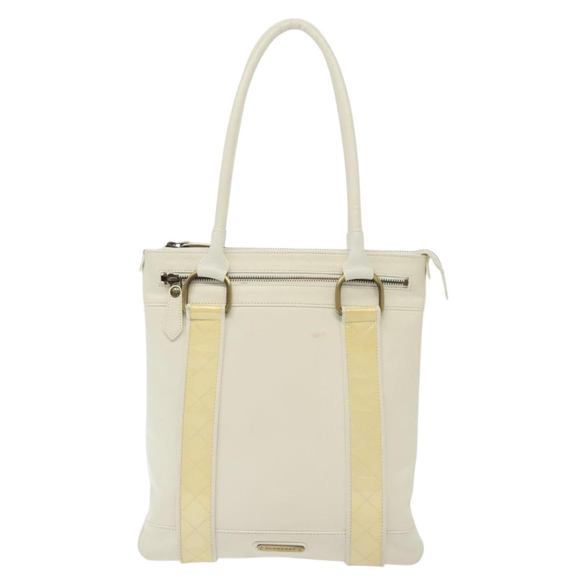 BURBERRY Tote Bag Leather White Gold Auth ti3413