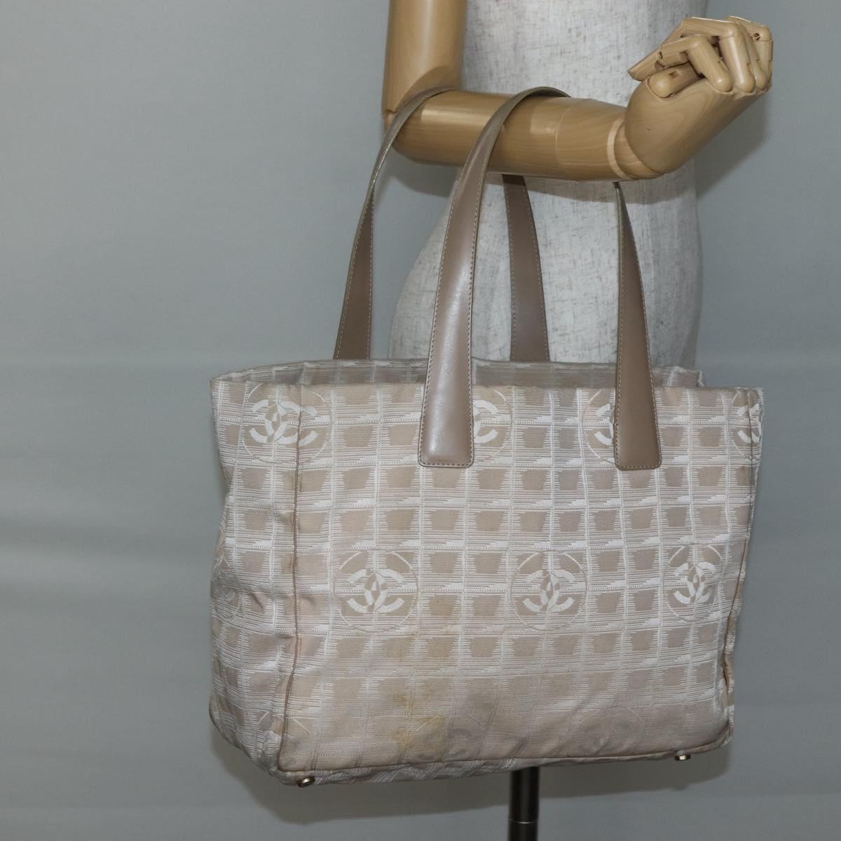 CHANEL New Travel Line Tote Bag Nylon Beige Gold CC Auth ti3422