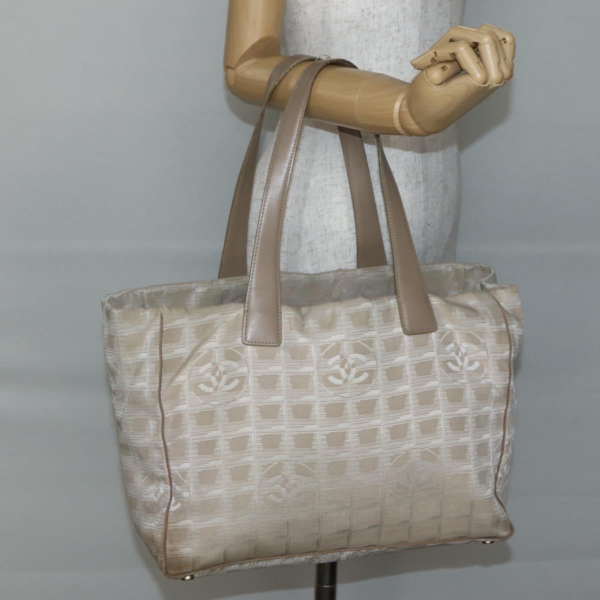 CHANEL New Travel Line Tote Bag Nylon Beige Gold CC Auth ti3423