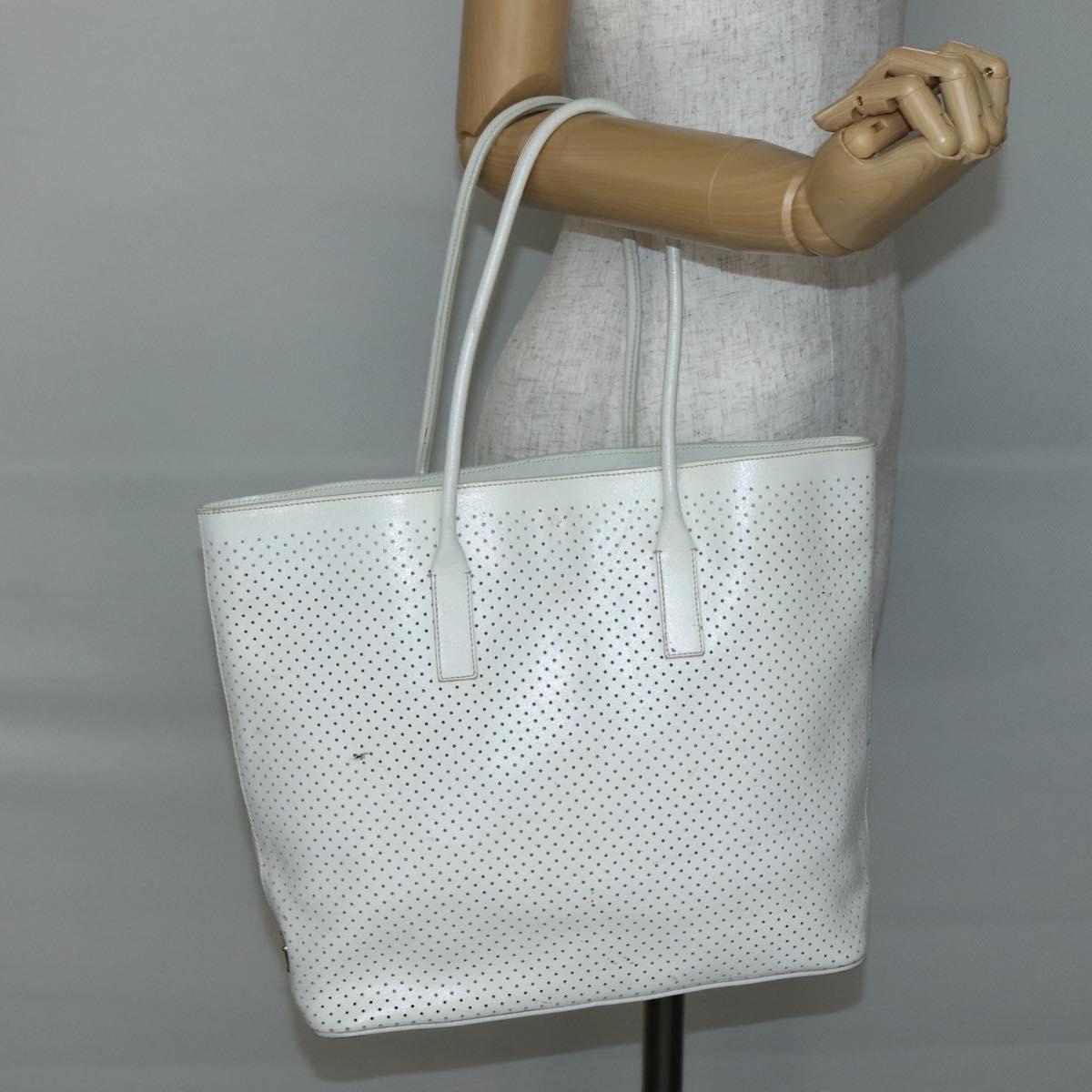 PRADA Tote Bag Punching Leather White Silver Auth ti3448