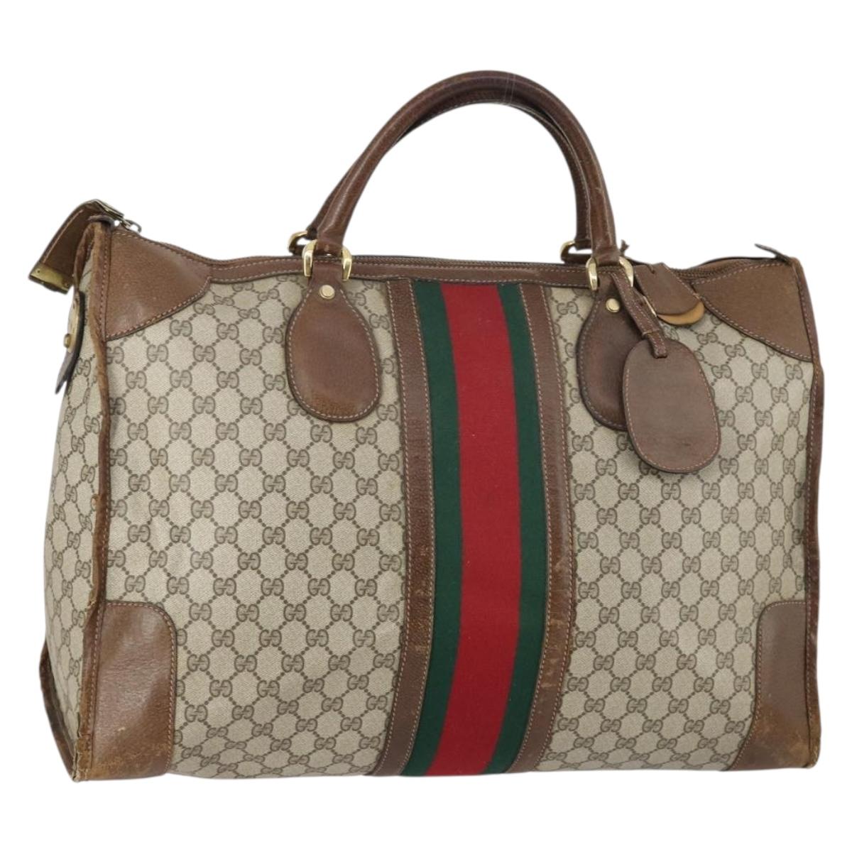 GUCCI GG Supreme Web Sherry Line Boston Bag PVC Beige Gold Auth ti3450