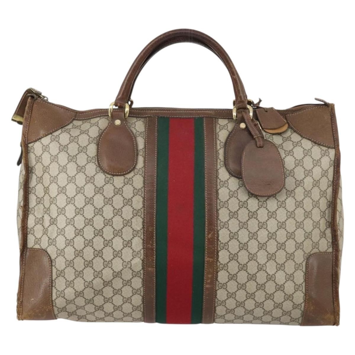 GUCCI GG Supreme Web Sherry Line Boston Bag PVC Beige Gold Auth ti3450