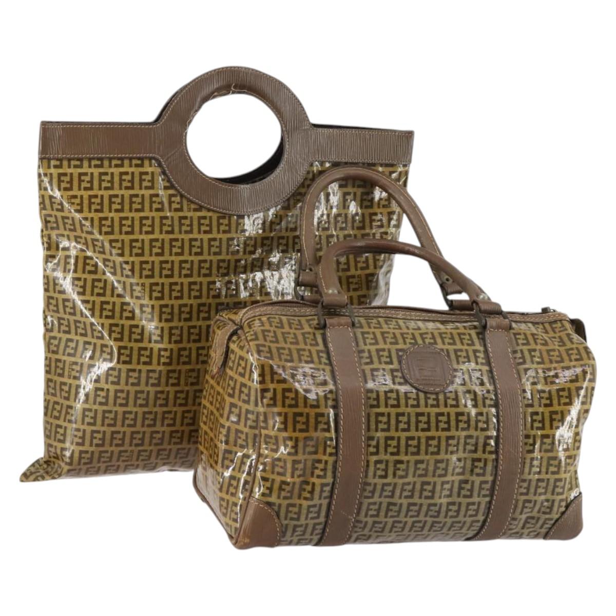 FENDI Zucchino Canvas Bag Enamel 2Set Brown Auth ti3463