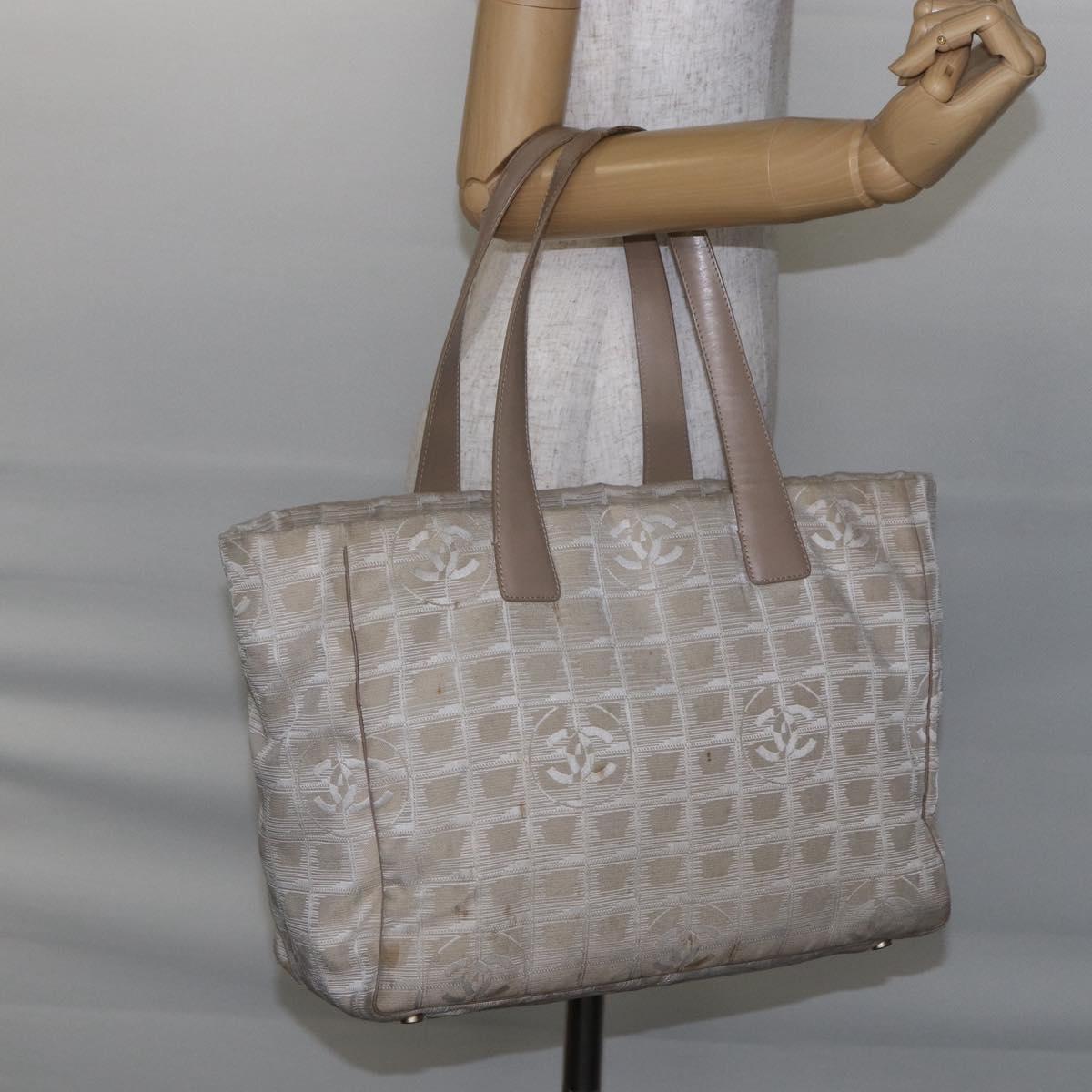 CHANEL New Travel Line Tote Bag Nylon Beige Gold CC Auth ti3466