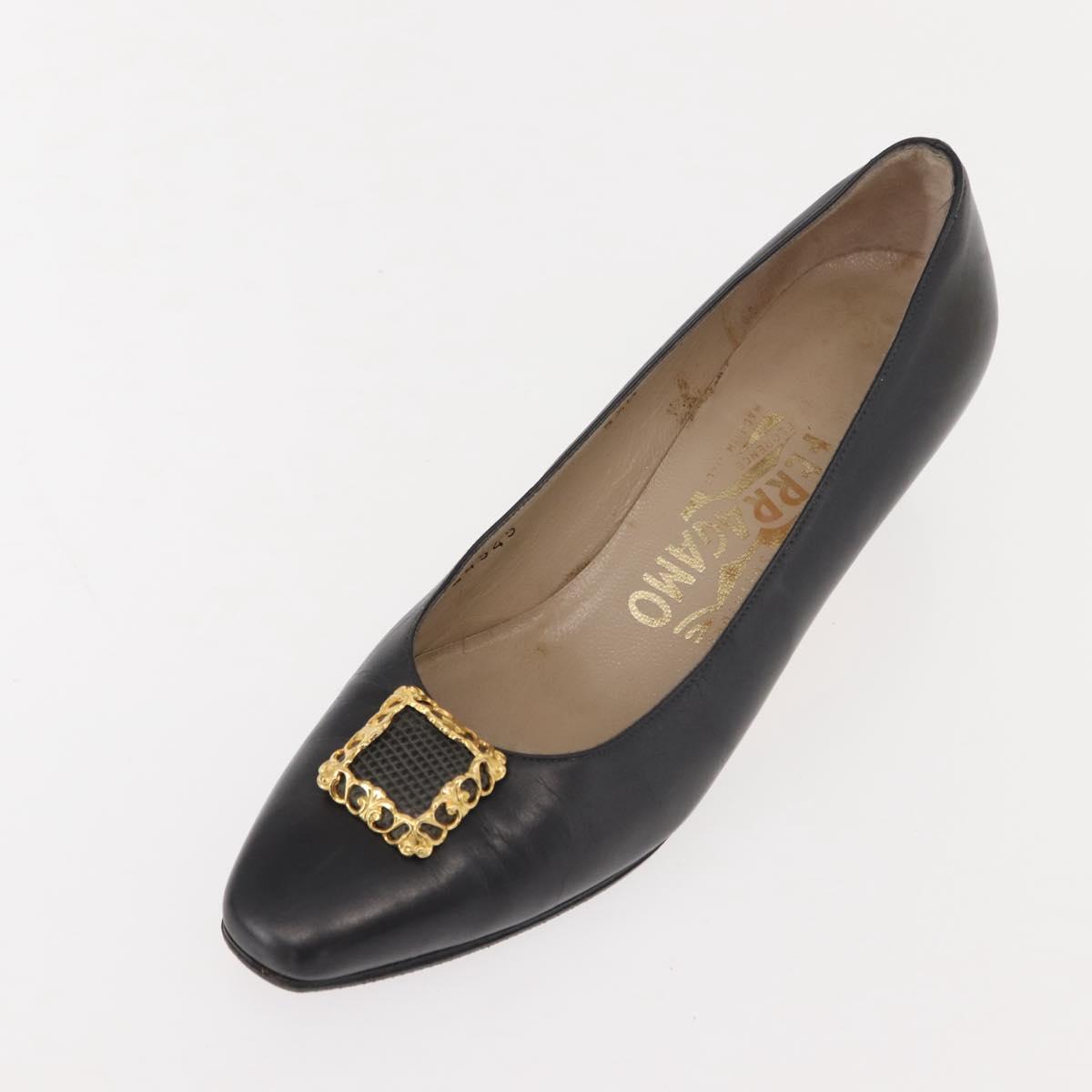 Salvatore Ferragamo Pumps Leather Black Gold Auth ti3478