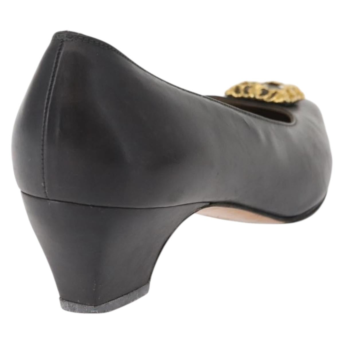 Salvatore Ferragamo Pumps Leather Black Gold Auth ti3478