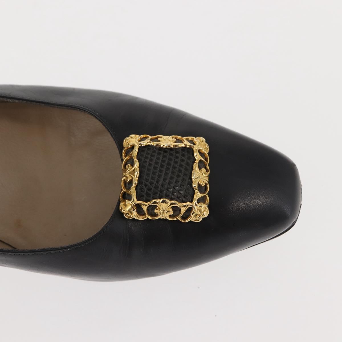 Salvatore Ferragamo Pumps Leather Black Gold Auth ti3478