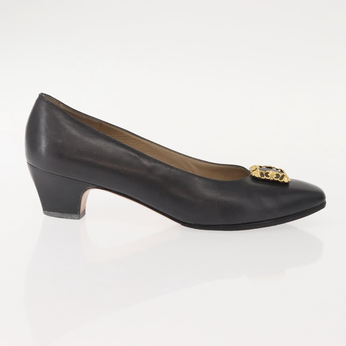 Salvatore Ferragamo Pumps Leather Black Gold Auth ti3478