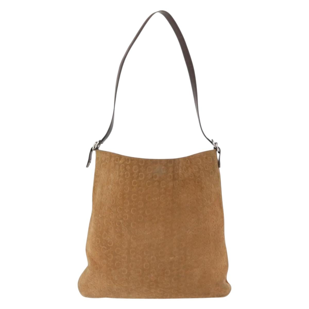 CELINE C Macadam Canvas Shoulder Bag Suede Brown Gold Auth ti3487