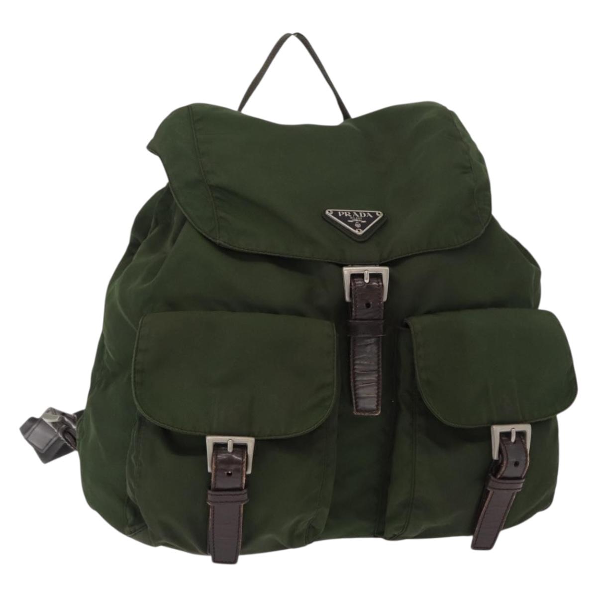 PRADA Backpack Nylon Khaki Silver Auth ti3500
