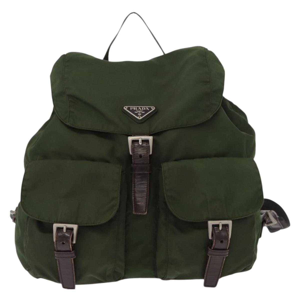 PRADA Backpack Nylon Khaki Silver Auth ti3500