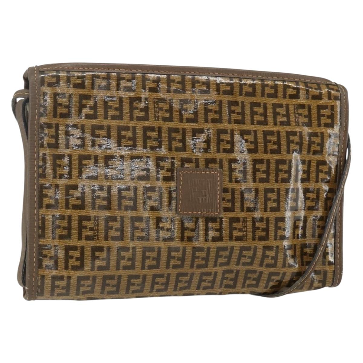 FENDI Zucchino Canvas Shoulder Bag Coated Canvas Brown Auth ti3502
