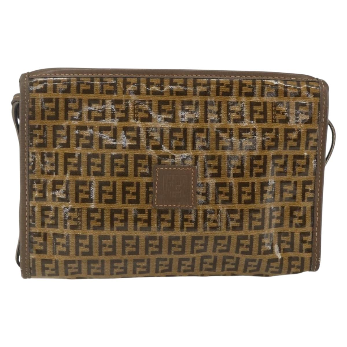 FENDI Zucchino Canvas Shoulder Bag Coated Canvas Brown Auth ti3502