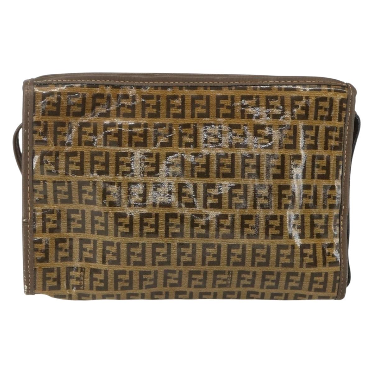 FENDI Zucchino Canvas Shoulder Bag Coated Canvas Brown Auth ti3502