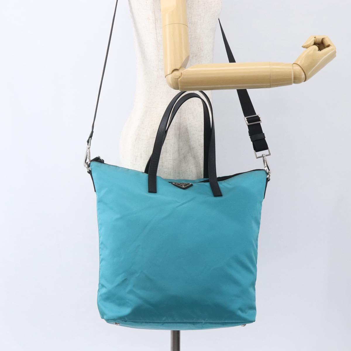 PRADA Tote Bag Nylon 2way Turquoise Blue Silver Auth ti3503