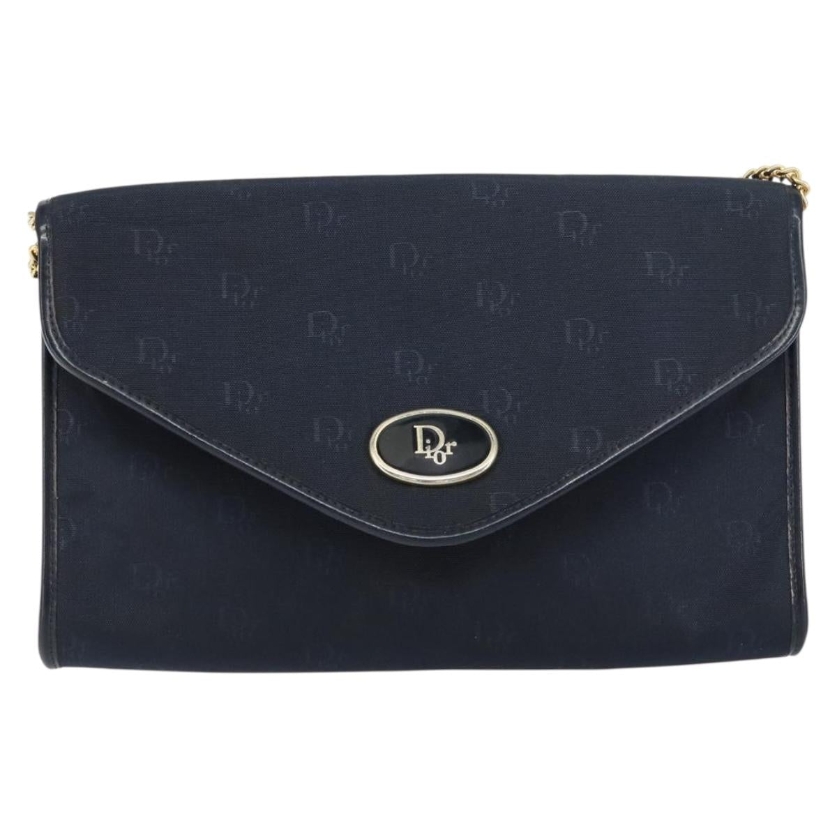 Christian Dior Chain Shoulder Bag Canvas Navy Gold Auth ti3507