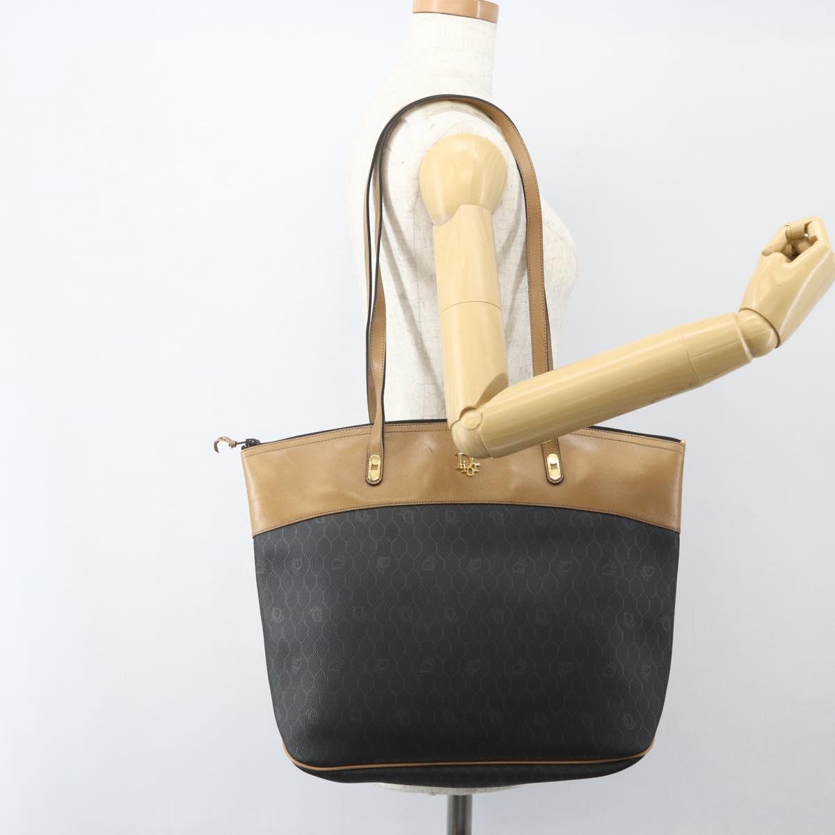 Christian Dior Honeycomb Canvas Tote Bag PVC Black Brown gold Auth ti3512