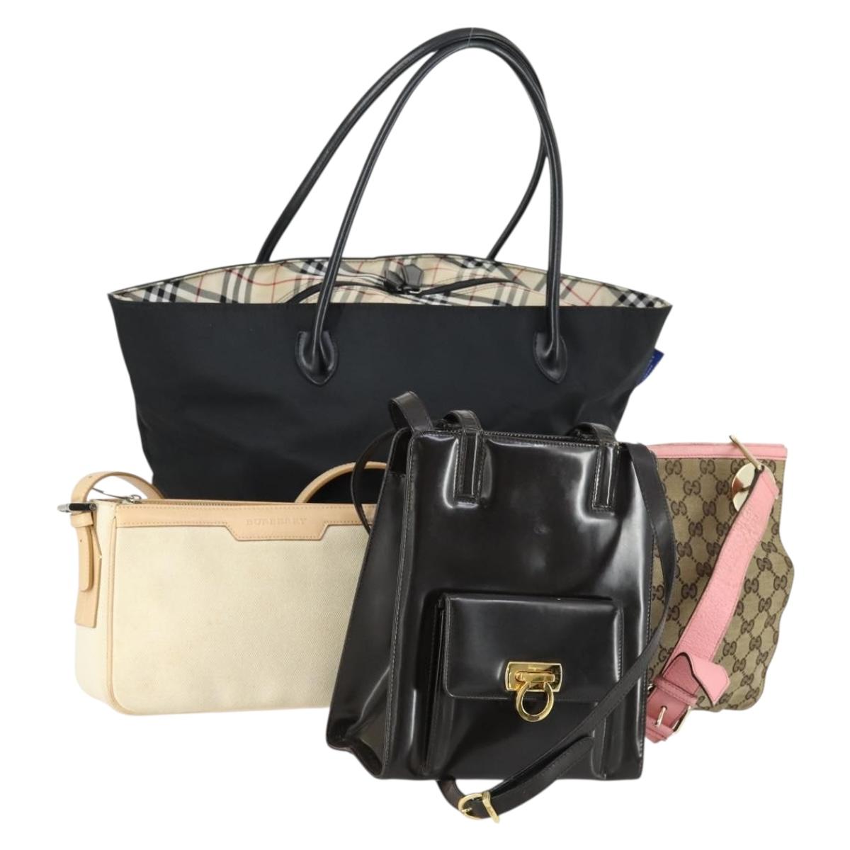 Salvatore Ferragamo Gucci Burberry Bag Canvas 4 Set Black Beige Auth ti3518