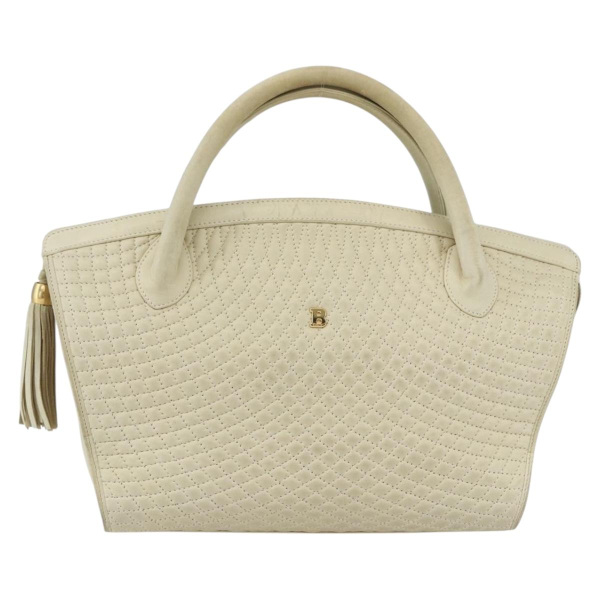BALLY Quilted Hand Bag Leather White Gold Auth ti3520