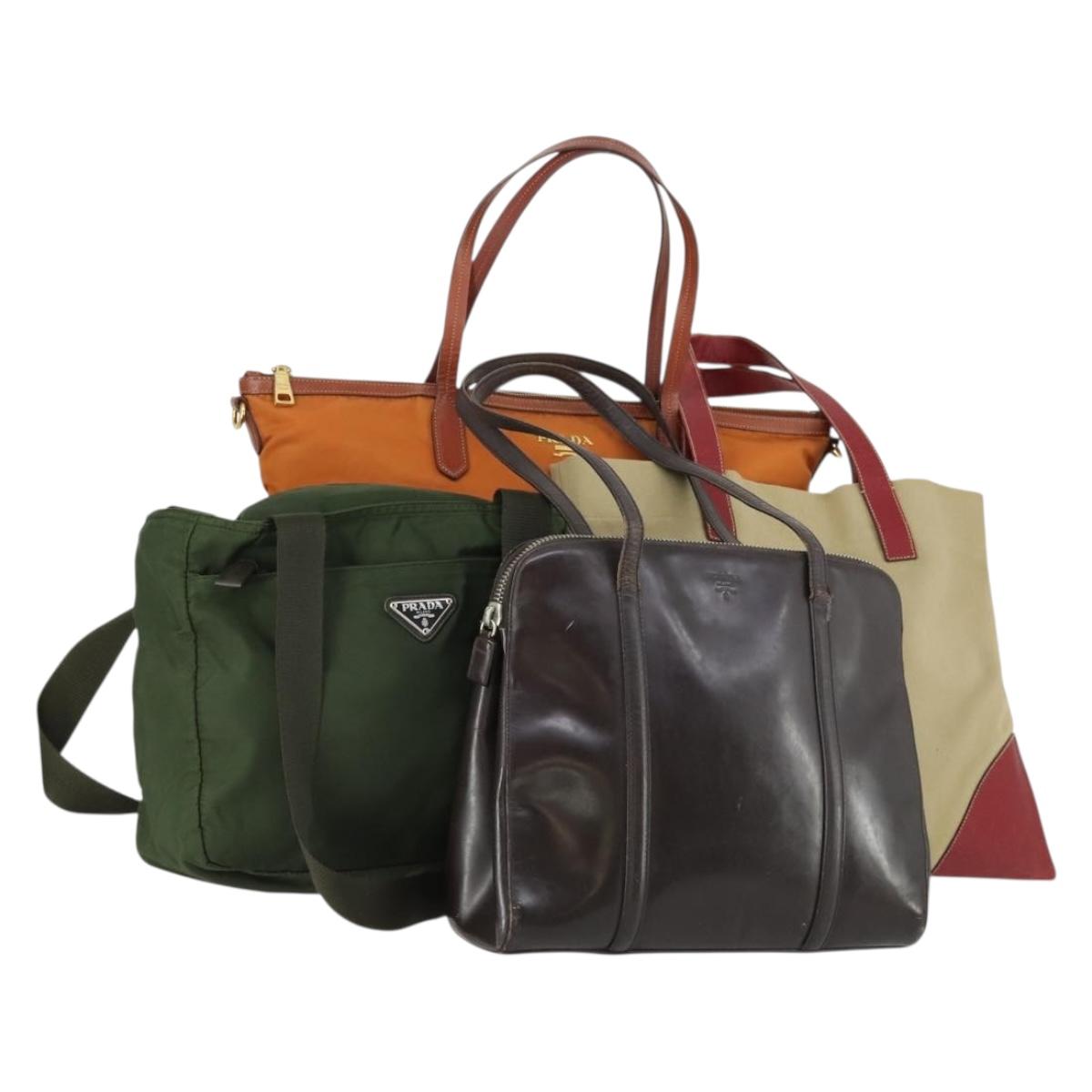PRADA Bag Nylon Leather Canvas 4 Set Orange Beige Khaki Brown Auth ti3540