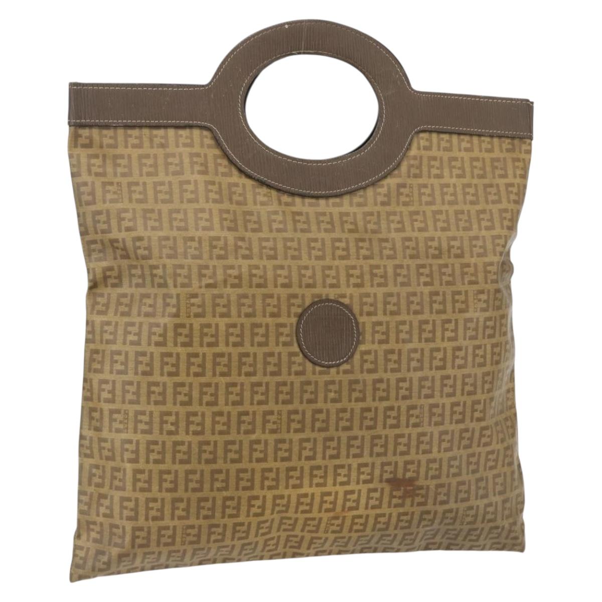 FENDI Zucchino Canvas Hand Bag PVC Vintage Brown Gold Auth ti3543