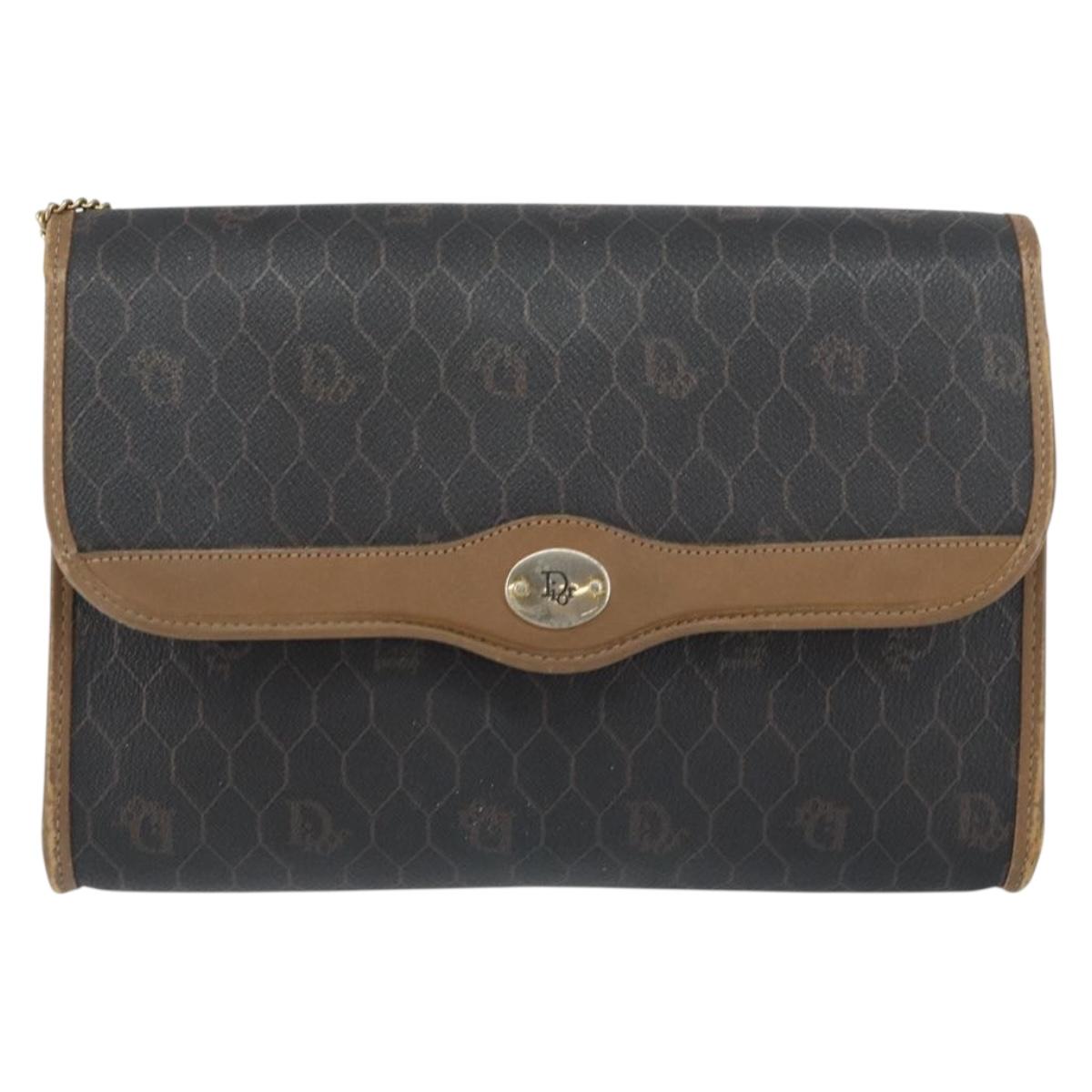 Christian Dior Honeycomb Canvas Chain Shoulder Bag PVC Black Gold Auth ti3549