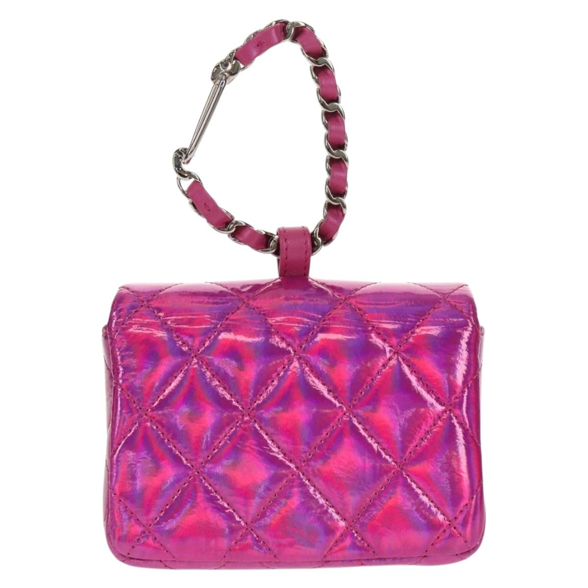 CHANEL Matelasse Hand Pouch Charm Patent leather Pink Silver CC Auth ti3561SAM