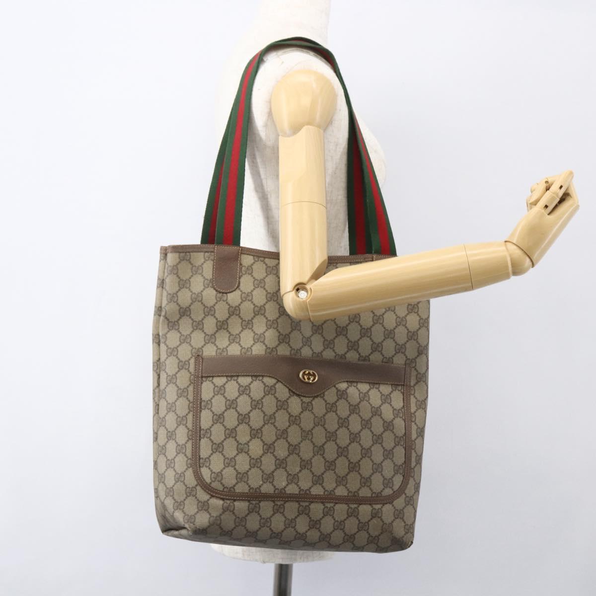 GUCCI GG Supreme Web Sherry Line Tote Bag PVC Beige Auth ti3595