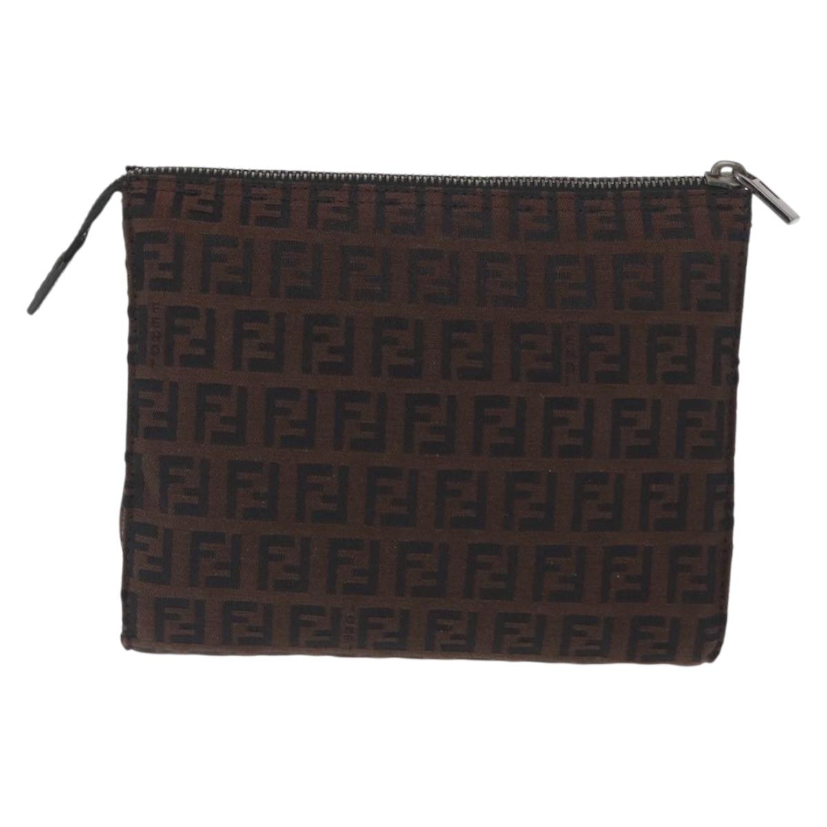 FENDI Zucchino Canvas Pouch Dark Brown Auth ti3597