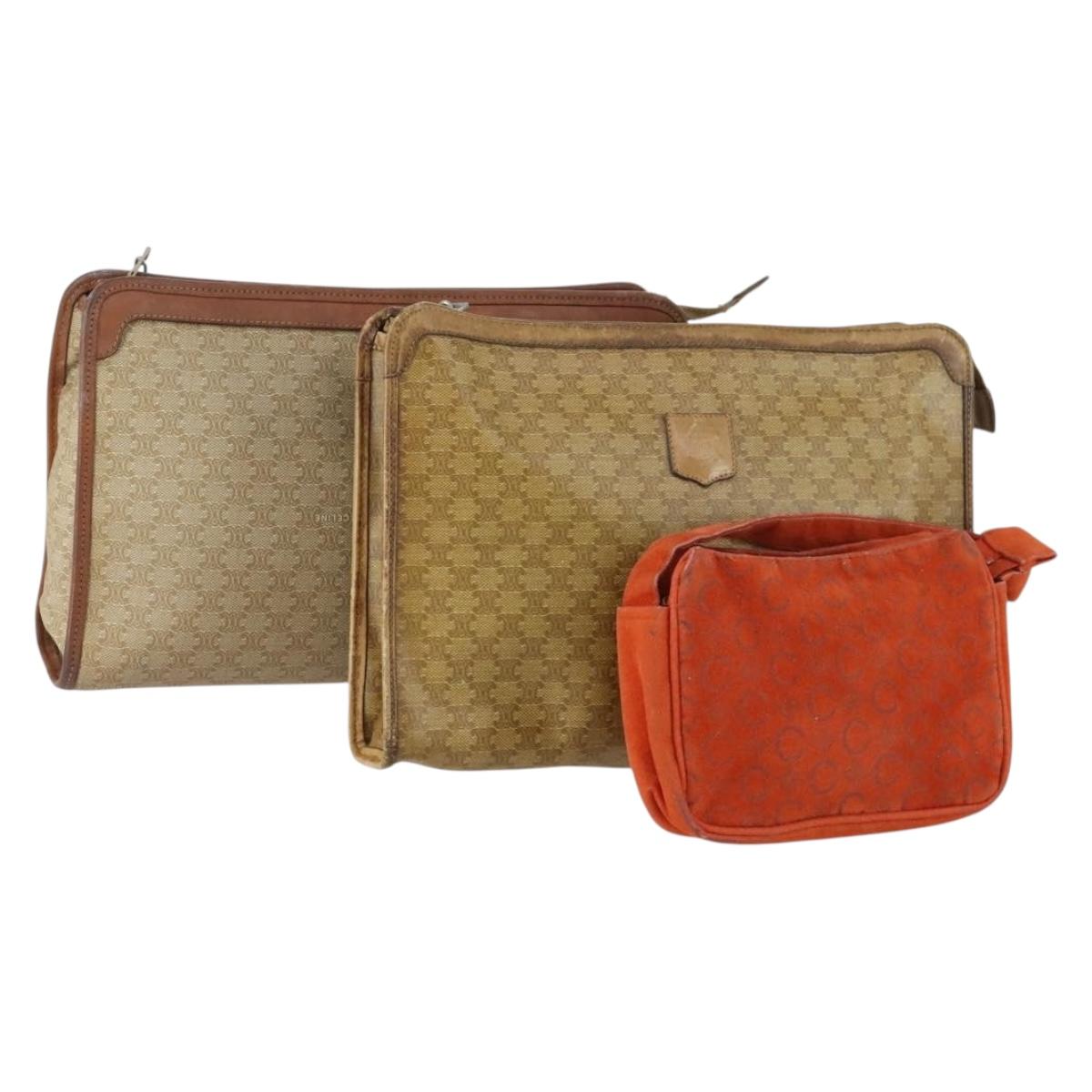 CELINE Macadam Canvas Bag PVC Leather Suede 3 Set Beige Orange Auth ti3616