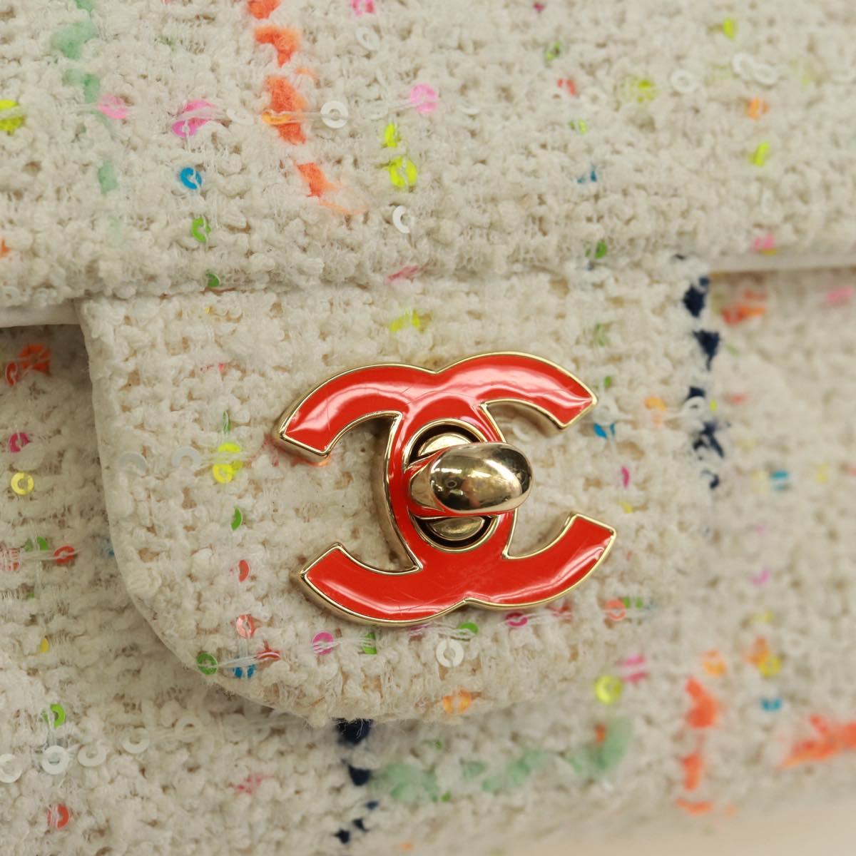 CHANEL Mini Matelasse Chain Shoulder Bag tweed White Gold CC Auth ti3635SM
