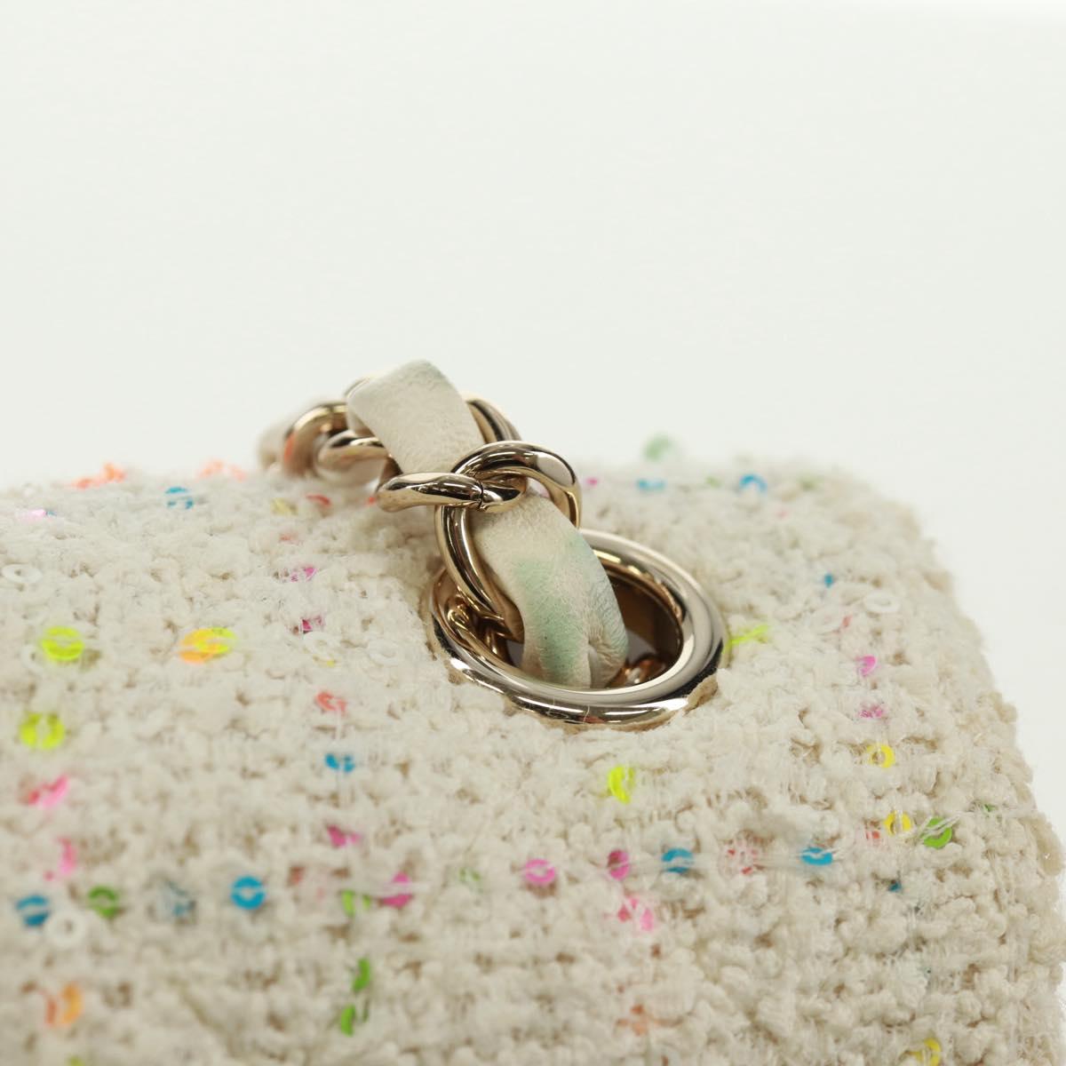 CHANEL Mini Matelasse Chain Shoulder Bag tweed White Gold CC Auth ti3635SM