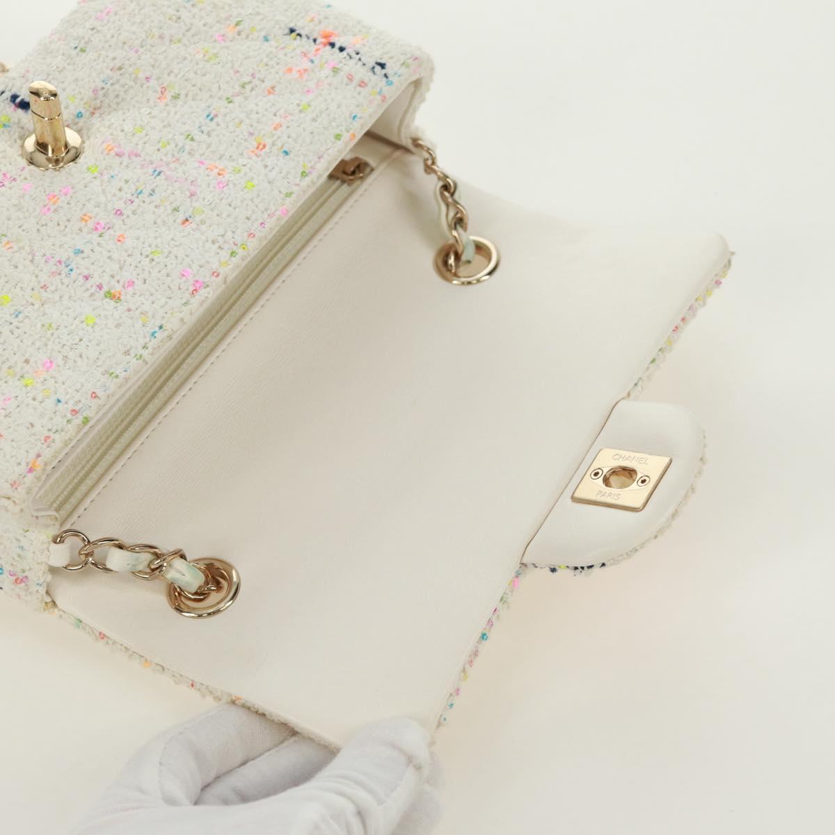 CHANEL Mini Matelasse Chain Shoulder Bag tweed White Gold CC Auth ti3635SM