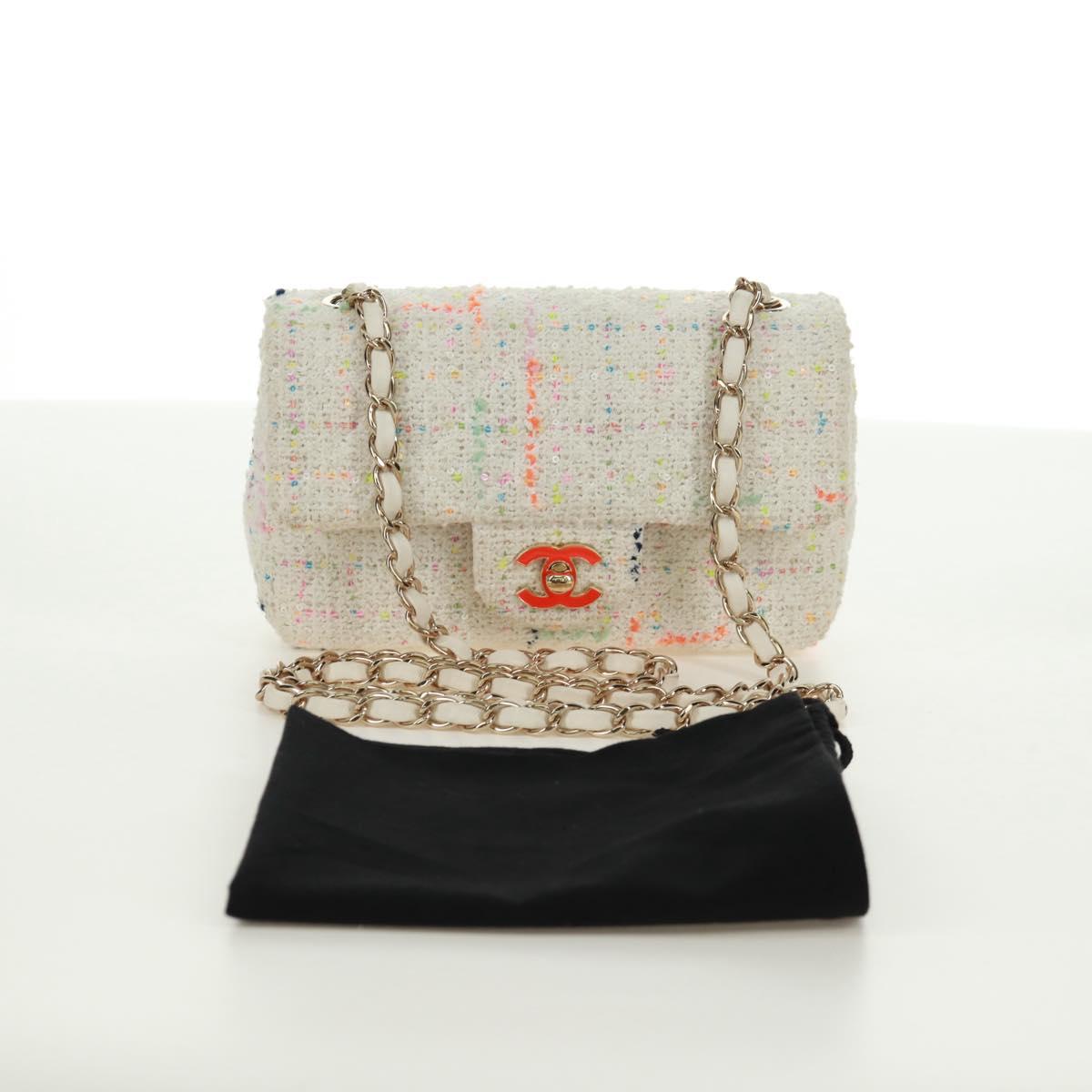 CHANEL Mini Matelasse Chain Shoulder Bag tweed White Gold CC Auth ti3635SM