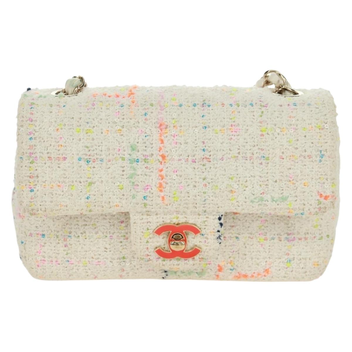 CHANEL Mini Matelasse Chain Shoulder Bag tweed White Gold CC Auth ti3635SM
