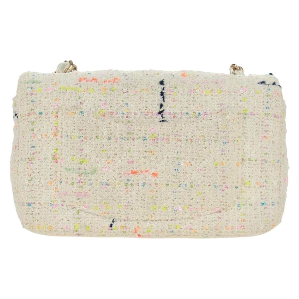 CHANEL Mini Matelasse Chain Shoulder Bag tweed White Gold CC Auth ti3635SM