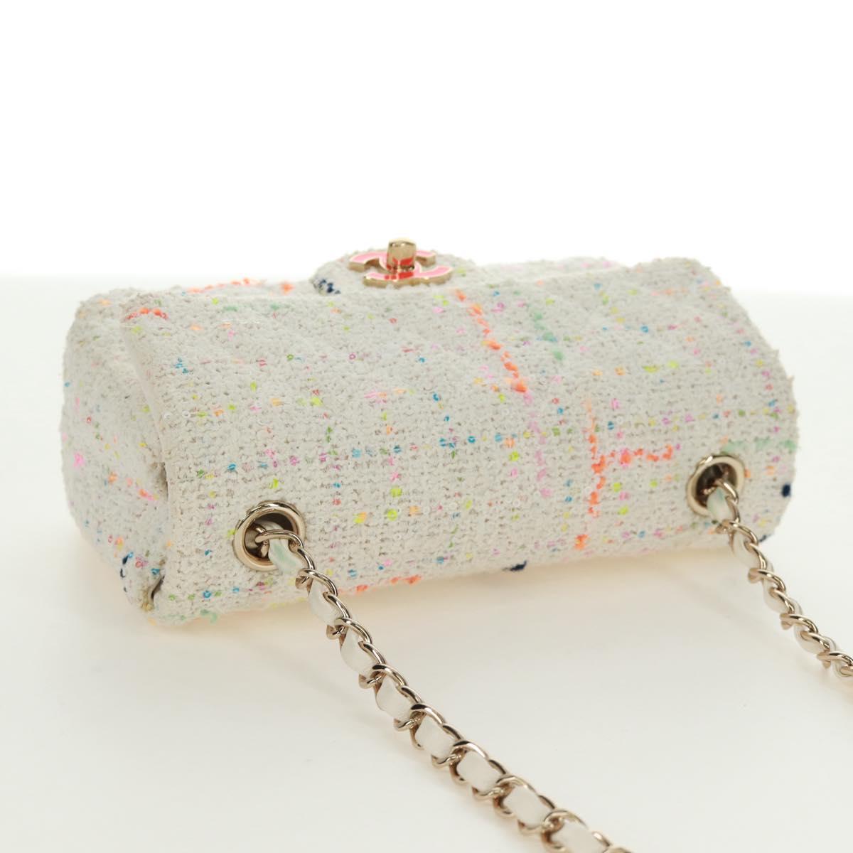 CHANEL Mini Matelasse Chain Shoulder Bag tweed White Gold CC Auth ti3635SM