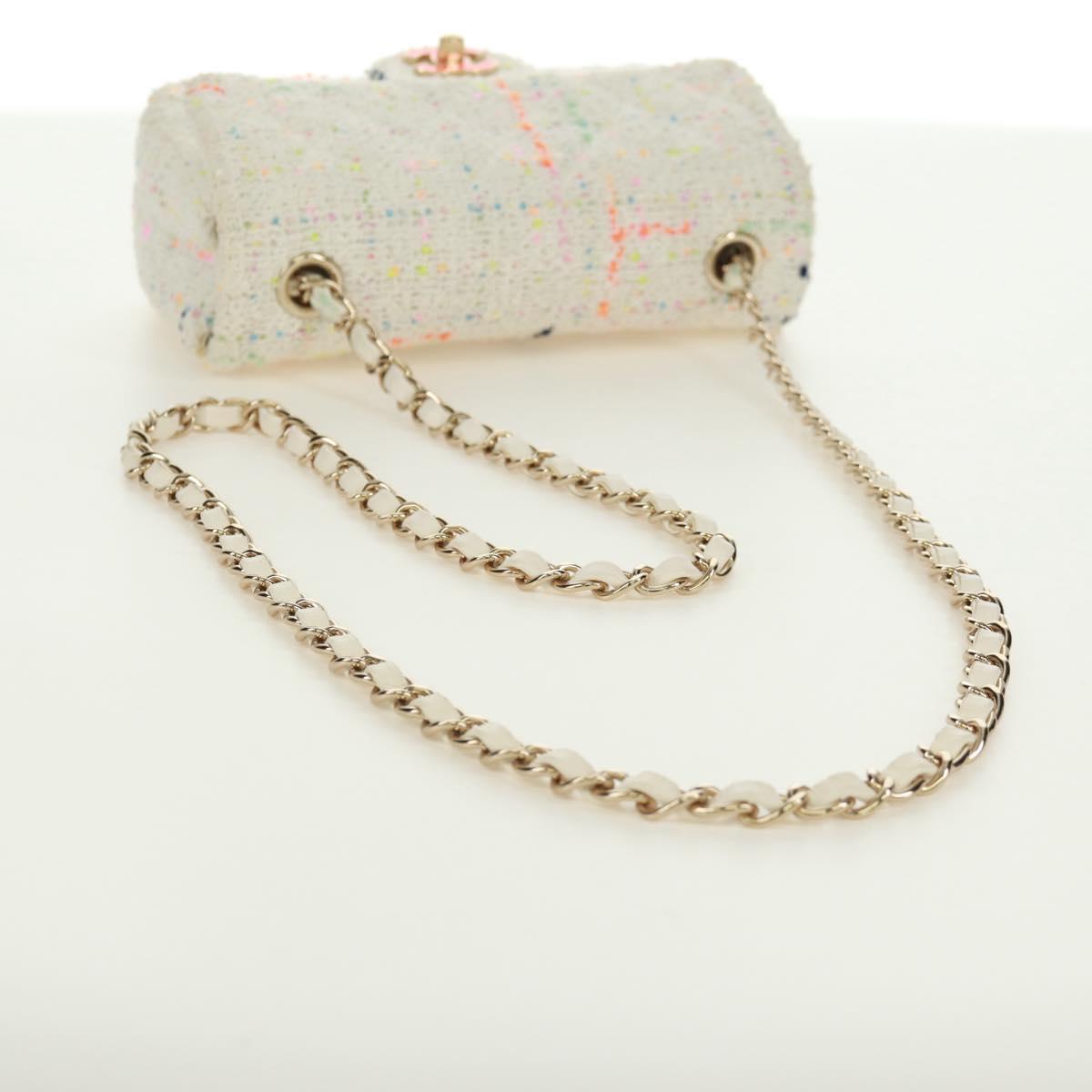 CHANEL Mini Matelasse Chain Shoulder Bag tweed White Gold CC Auth ti3635SM
