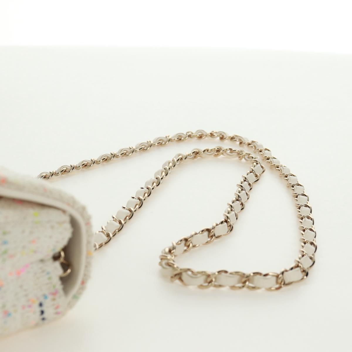 CHANEL Mini Matelasse Chain Shoulder Bag tweed White Gold CC Auth ti3635SM