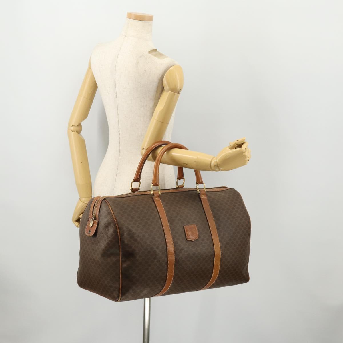 CELINE Macadam Canvas Boston Bag PVC Leather Brown Gold Auth ti3659