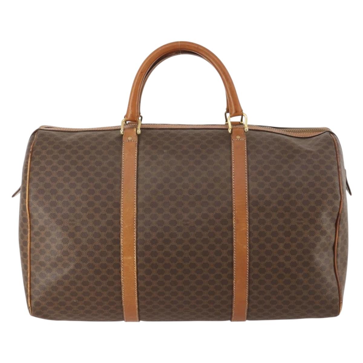 CELINE Macadam Canvas Boston Bag PVC Leather Brown Gold Auth ti3659