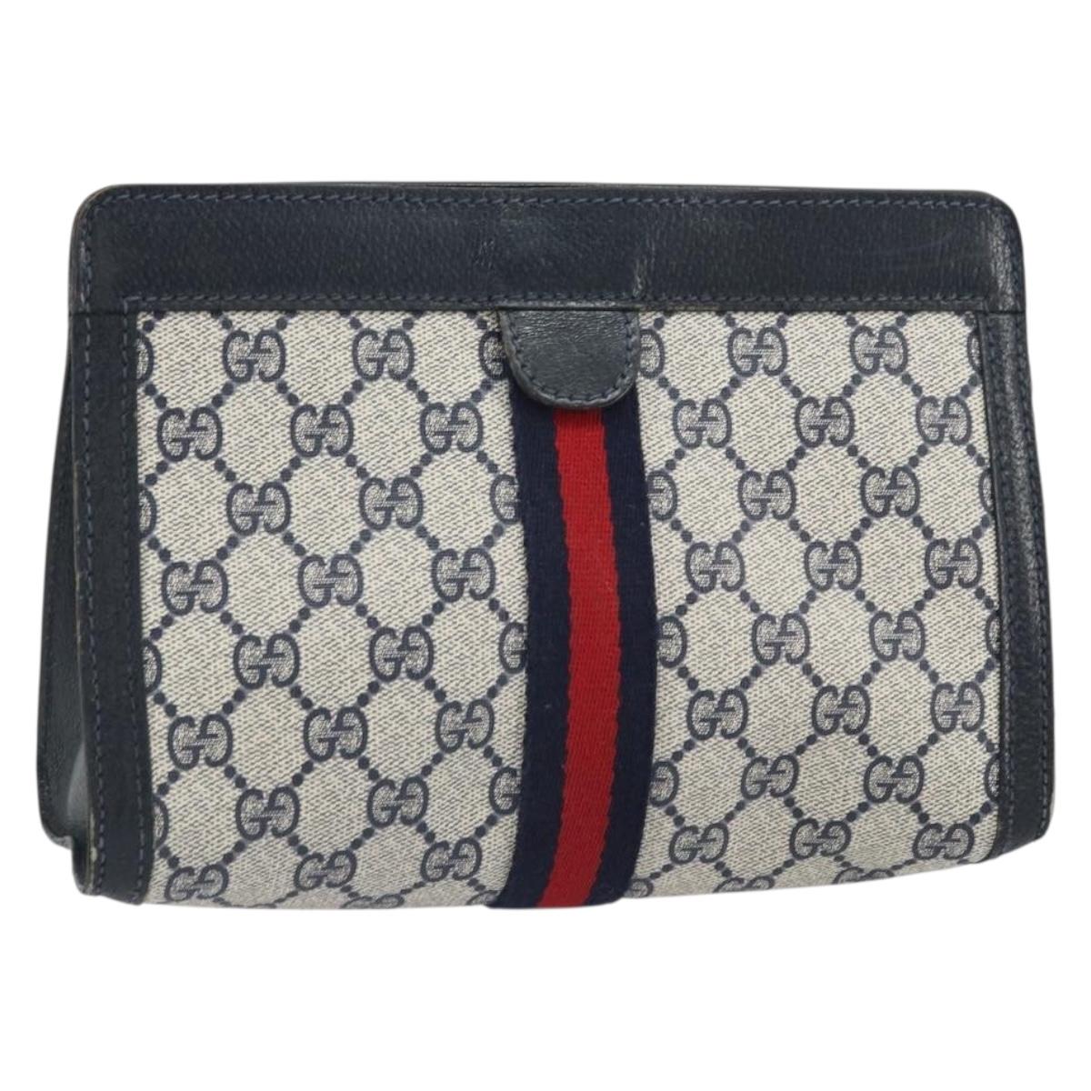 GUCCI GG Supreme Sherry Line Clutch Bag PVC Navy Red 64 01 001 Auth ti3668