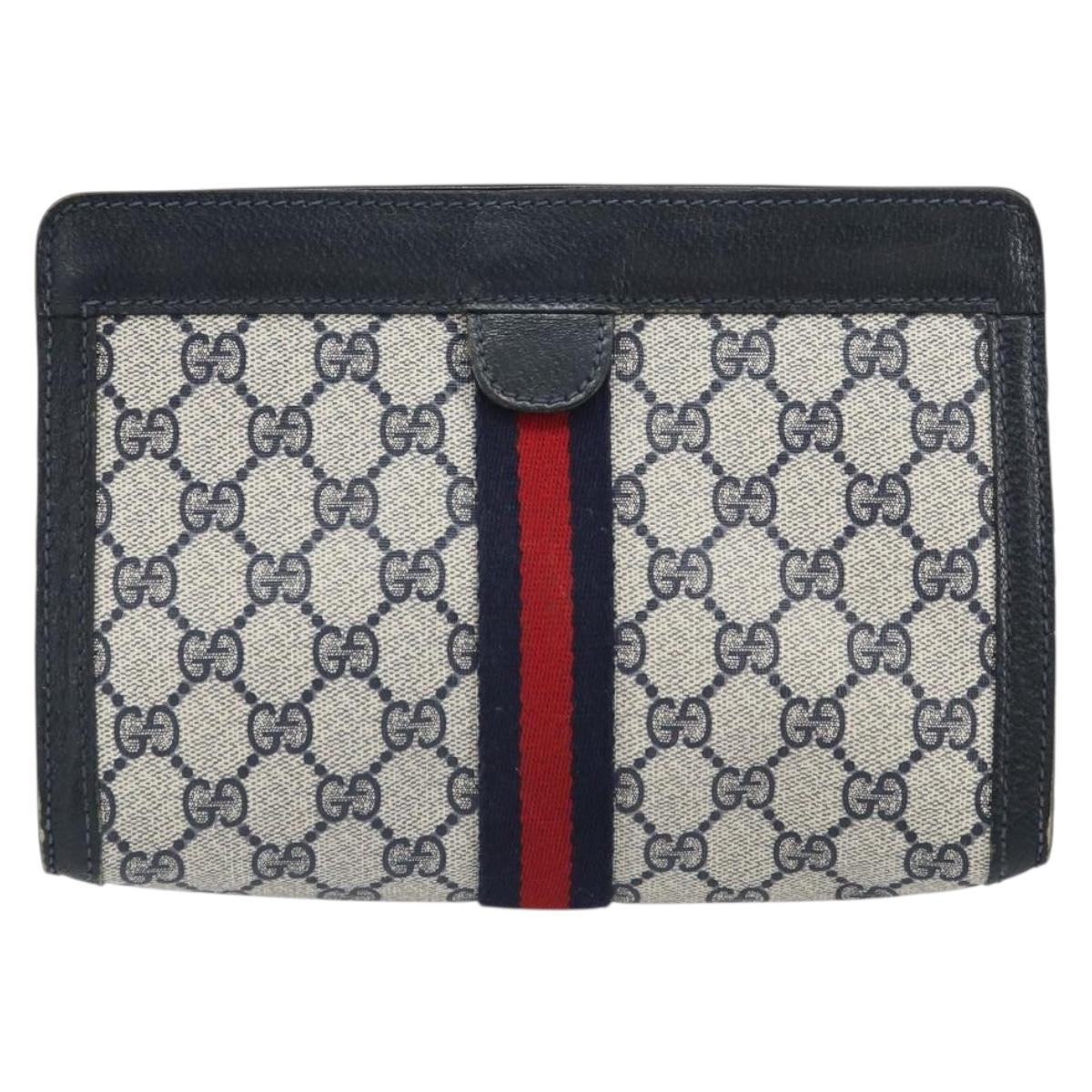 GUCCI GG Supreme Sherry Line Clutch Bag PVC Navy Red 64 01 001 Auth ti3668