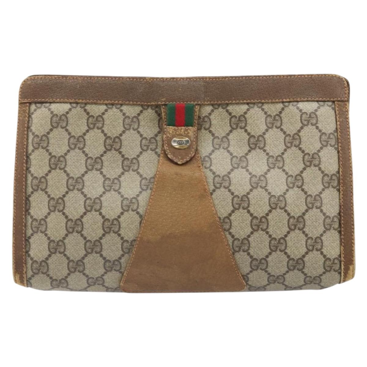 GUCCI GG Supreme Web Sherry Line Clutch Bag PVC Beige Gold 89 01 033 Auth ti3684
